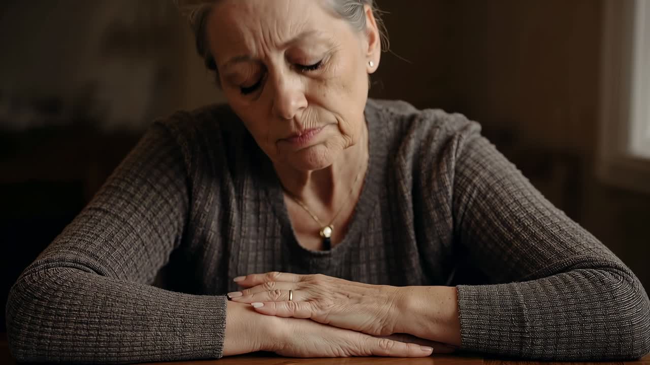 Remembering senior woman leaning arms on wooden table at home, touching ring, in gray sweater