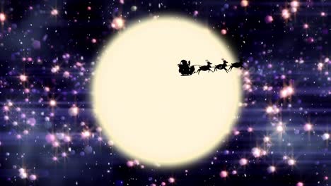 Snow-falling-over-santa-claus-in-sleigh-being-pulled-by-reindeers-against-moon-and-spots-of-light