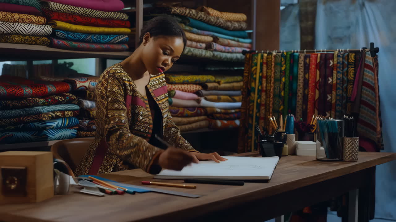 Woman drawing designs in a textile studio