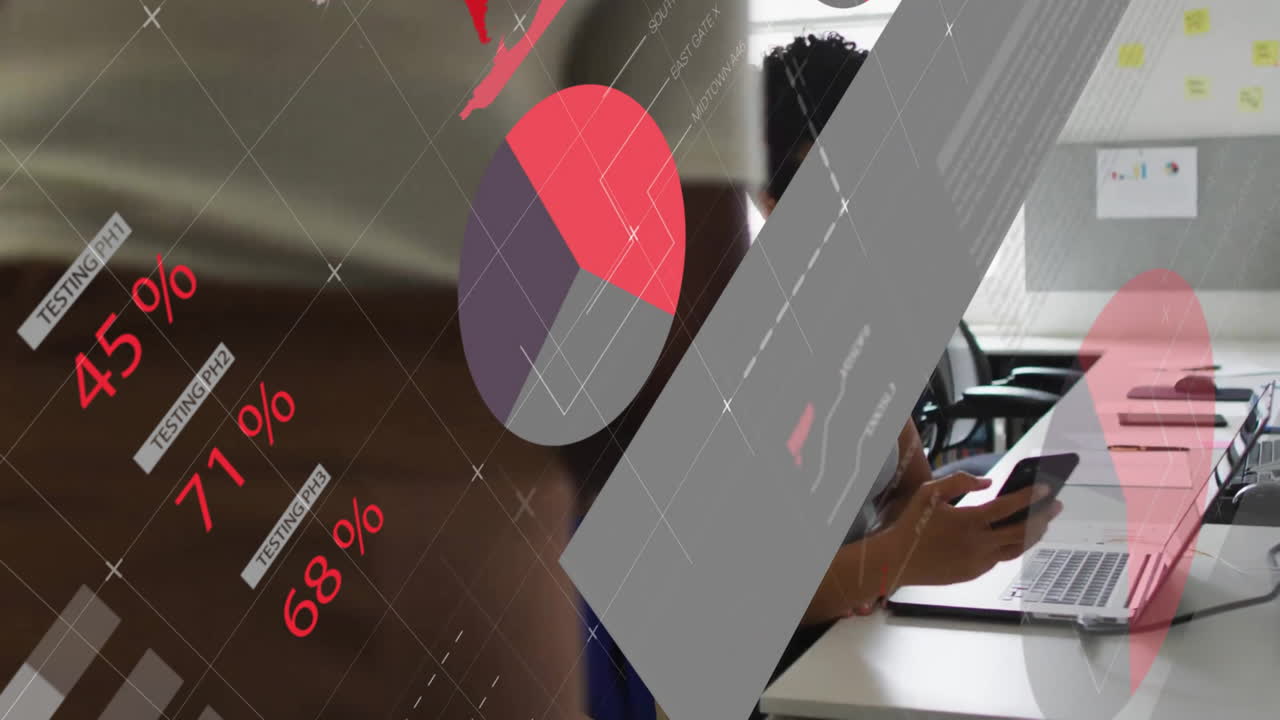 animación de la interfaz infográfica sobre una mujer afroamericana saludando a un colega usando el teléfono móvil