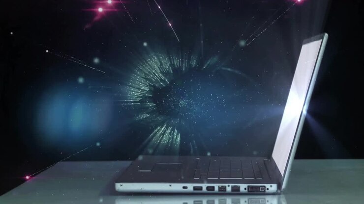 Animation of caucasian businesswoman using laptop with globe