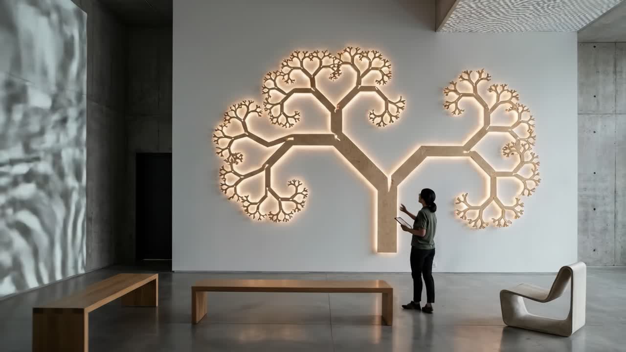 Donna con installazione artistica di un albero illuminato in galleria moderna