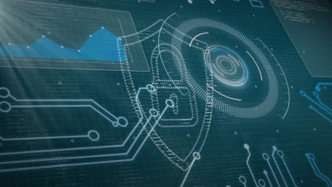 Animation-of-padlock-and-motherboard-over-graph-and-data-processing