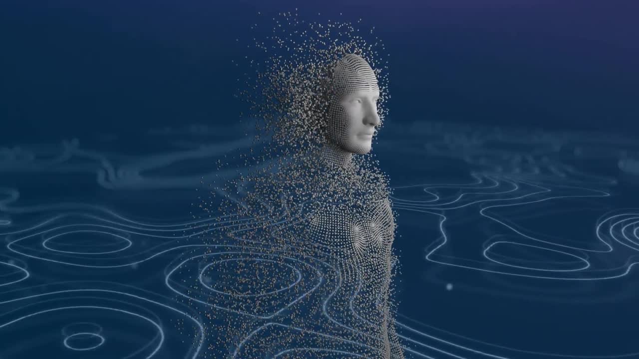 Animation of human body formed with exploding particles over network of connections background