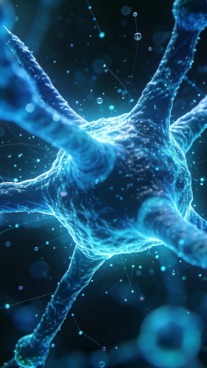 Vertical video: Play starting glowing soma pulsing across dendrites under scope, showing signaling