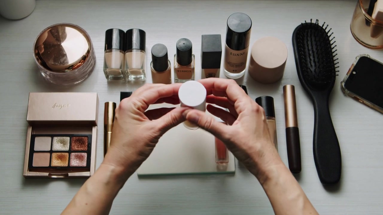 Entering hands lifting small foundation bottle on light tabletop, comparing shades to choose match