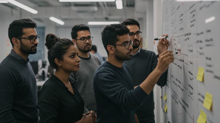 A group of professionals engage in a collaborative brainstorming session, discussing ideas and strategies while interacting with a whiteboard filled with notes and diagrams