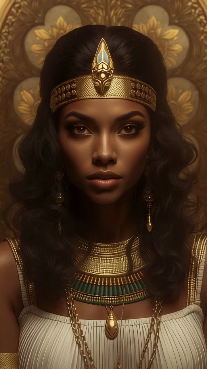 Vertical video: Holding gaze, regal woman with headband blinking, swaying hair against gold relief