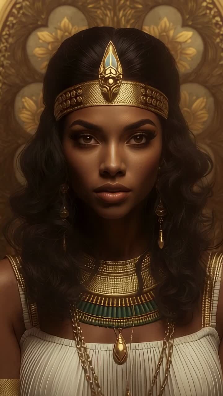 Vertical video: Holding gaze, regal woman with headband blinking, swaying hair against gold relief