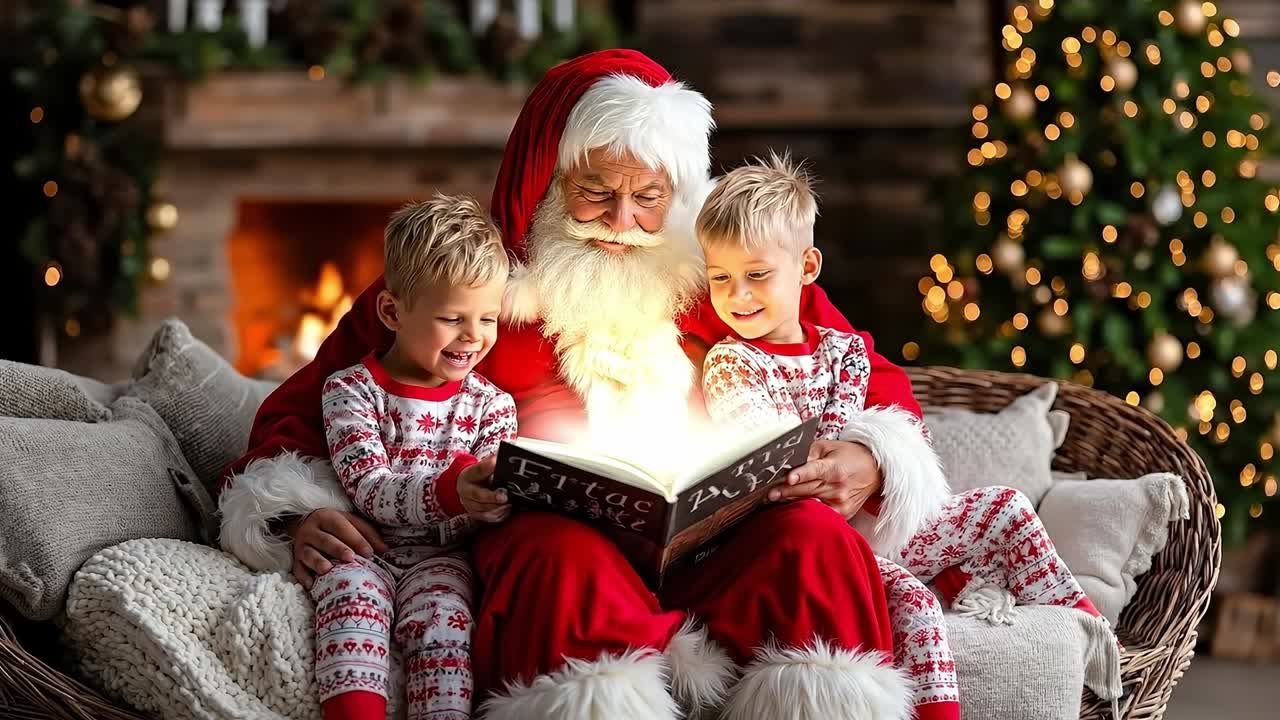 Un uomo e due ragazzi seduti su un divano che leggono un libro a Babbo Natale