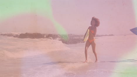 woman walking shore holding body board beside waves under warm light leak promoting health campaign