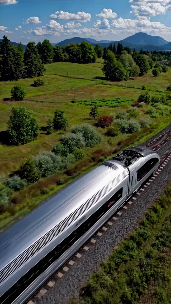 Aerial view of a sleek, modern train speeding through lush countryside, captured in a dynamic video