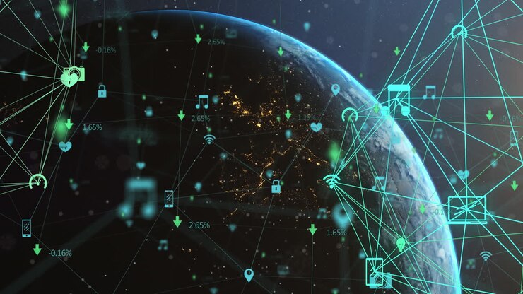 Animazione di rete di connessioni ed elaborazione dati su globo