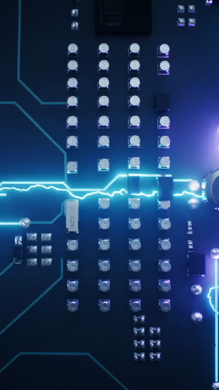 Vertical video: Pulsing voltage animating PCB moving cyan signal across traces in studio for demo