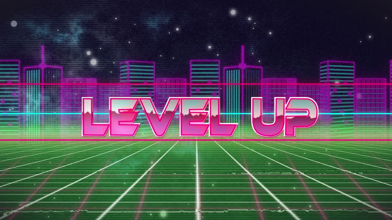 도시 풍경과 그리드 위의 레벨 업 텍스트의 애니메이션