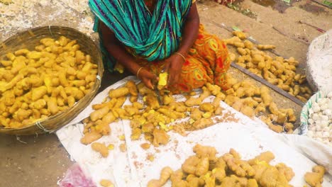 Una-Mujer-Limpia-Meticulosamente-El-Jengibre-En-Un-Bullicioso-Mercado-En-Bangladesh