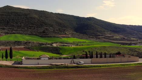 Aerial-of-herding-sheep-along-road-near-a-cemetery-with-mountain-views