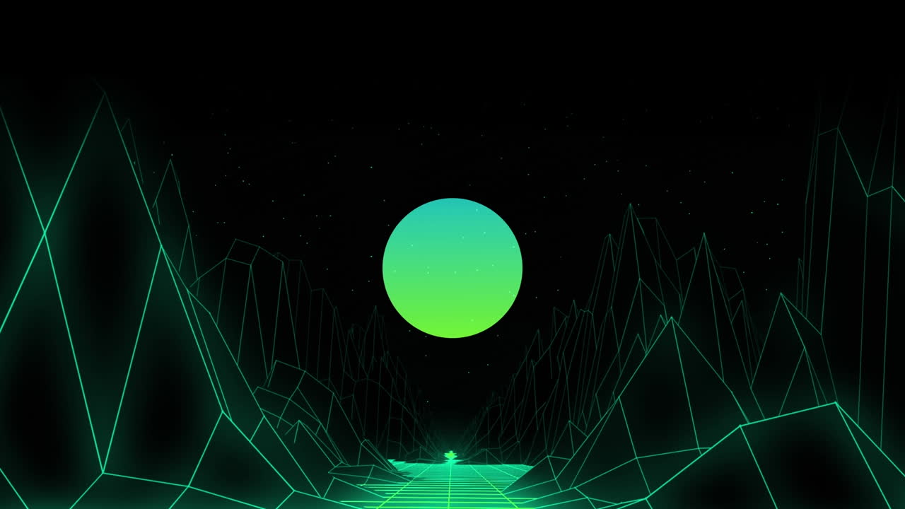 Animation of glowing green circle over yellow and green neon triangles