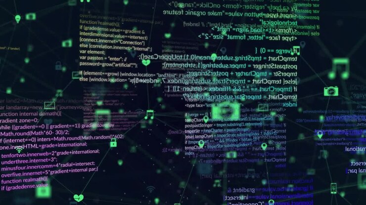 Camera pushing forward and panning, code panels shifting, icons pulsing, revealing denser web