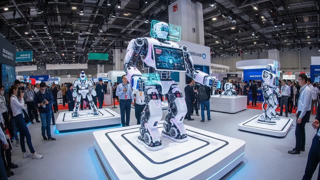 Showcasing Advanced Robotics: A Dynamic Exhibition Featuring Cutting-Edge Humanoid Robots Interacting with Enthusiastic Visitors in a Modern Tech Environment