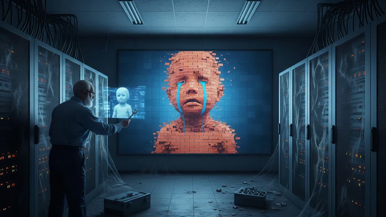 A Mysterious Encounter: An Introspective Journey Through a Dark Digital Realm with a Melancholic Figure and a Scientist's Exploration of Artificial Emotions