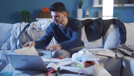 messy and lazy man looking for lost things at home.