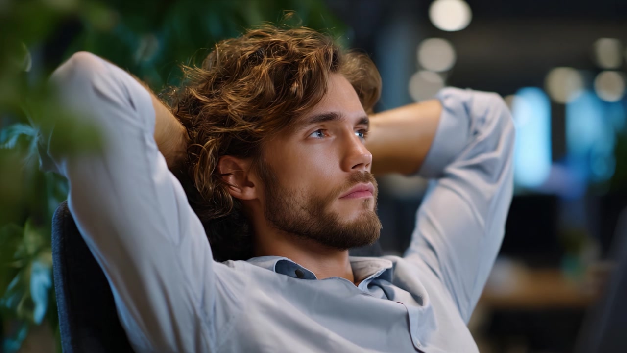 Um jovem com cabelo encaracolado e barba senta-se relaxado em um escritório, com os braços atrás da cabeça, pensativo em meio a um espaço de trabalho profissional suavemente iluminado.