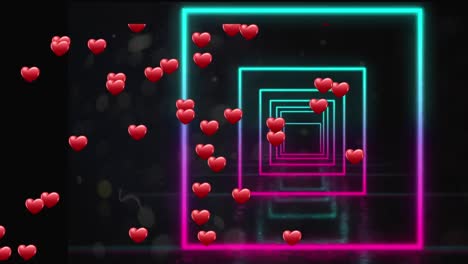 Animation-of-hearts-over-neon-squares-on-black-background