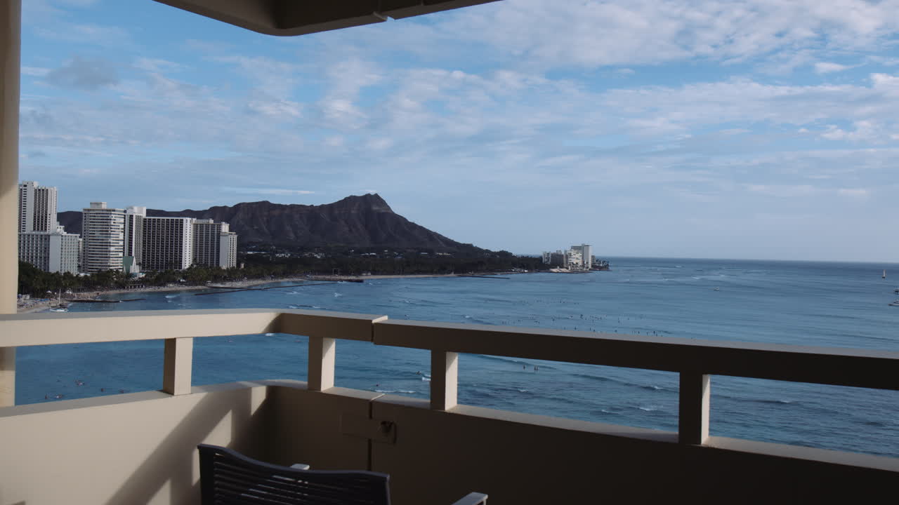 Scenic View of Diamond Head from Hotel Balcony and Ocean Waves at Waikiki Beach, Slow Motion