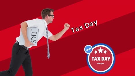 Animation-of-tax-day-text-over-caucasian-businessman-on-red-background