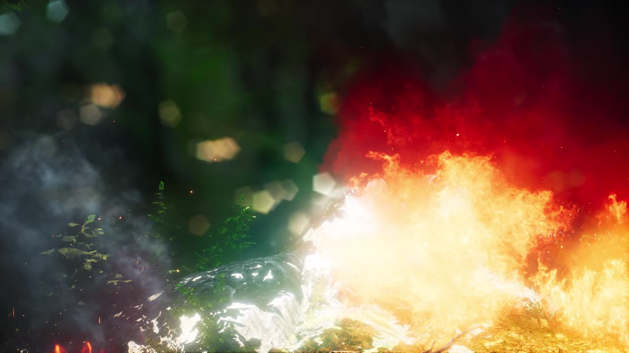 산불 도중 불타는 나무 에 바람 이 불고 있다