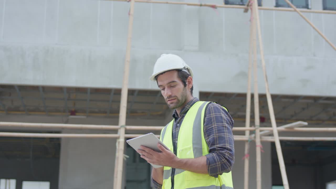 ingeniero civil o arquitecto profesional de sexo masculino usa casco de seguridad. mientras que el ingeniero guapo trabaja usando la tecnología de tabletas aplicación lista de comprobación proyecto de construcción en el sitio de construcción. concepto de bienes raíces.