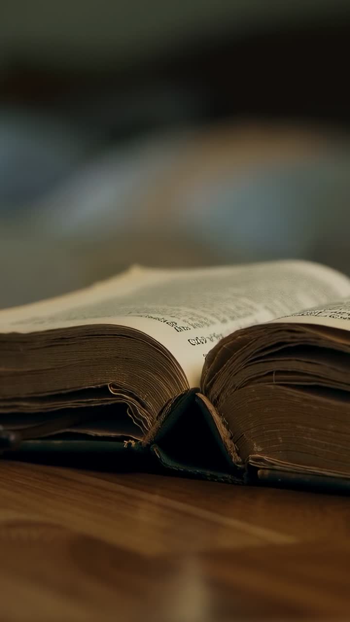Video verticale: cambio di angolazione della camera che rivela un libro aperto appoggiato su un tavolo in casa che mostra pagine ingiallite
