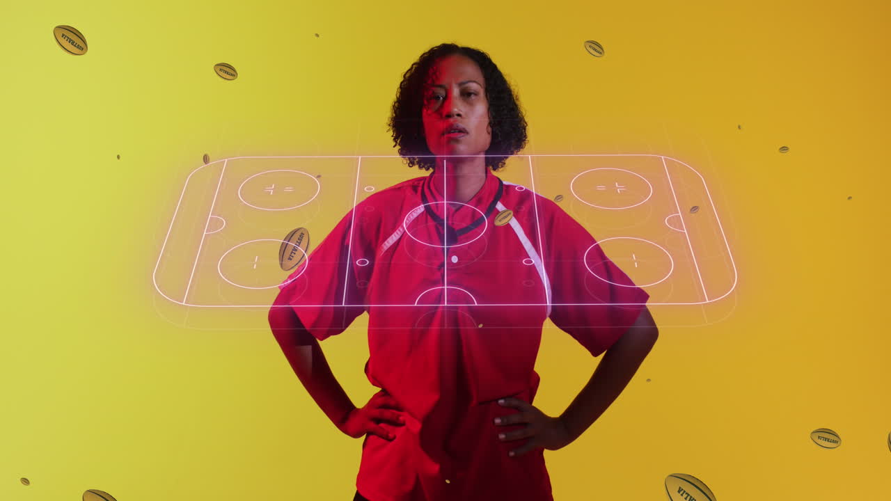 Animation of rugby pitch and rugby balls over female rugby player on neon background