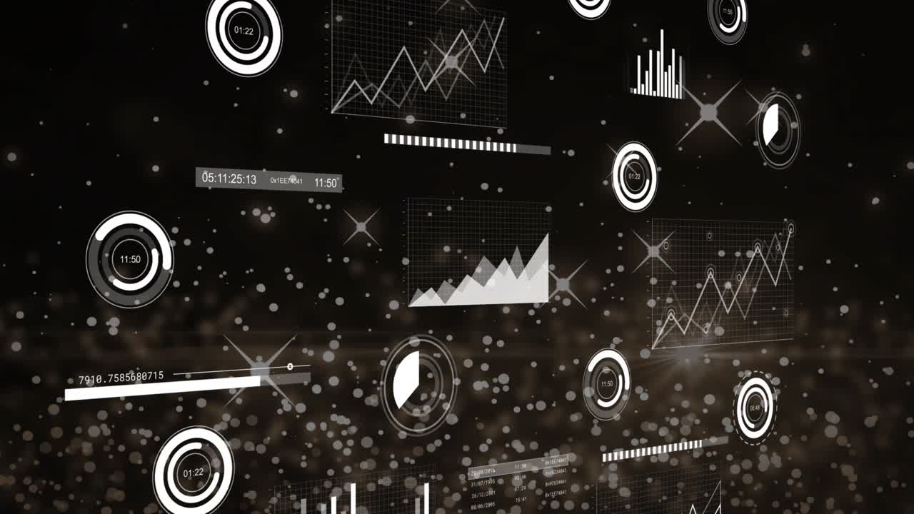 Playback starting, HUD charts and dials animating and adjusting while visualizing tech data trends
