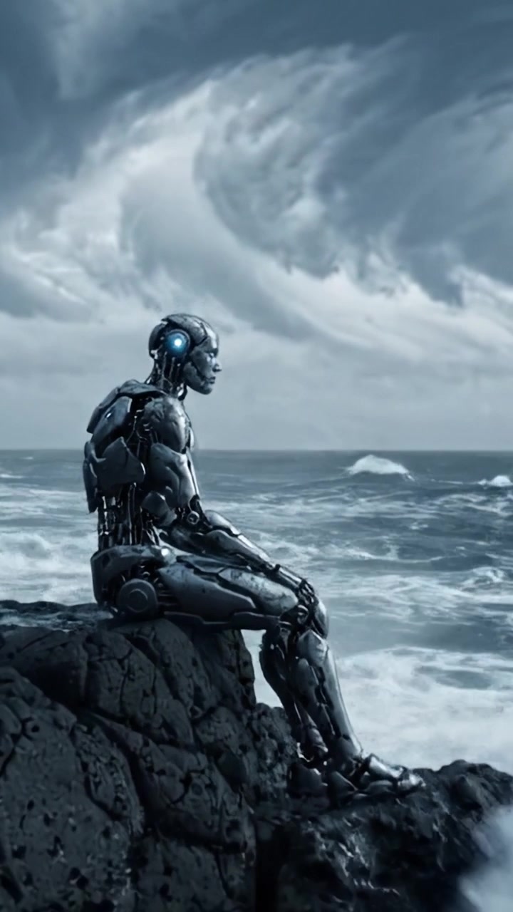Un Robot Contemplativo che Osserva il Mare Caotico: Una Riflessione su Tecnologia e Natura in uno Splendido Paesaggio Surrealista ai Margini dell'Oceano