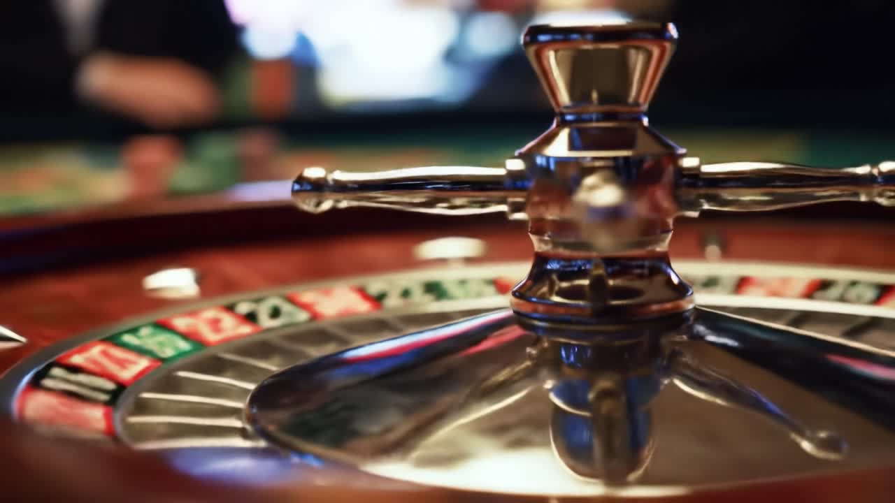 An Exquisite Close-Up View of a Roulette Wheel, Capturing the Moment Before the Spin in a Vibrant Casino Environment with Flickering Lights and Exciting Atmosphere