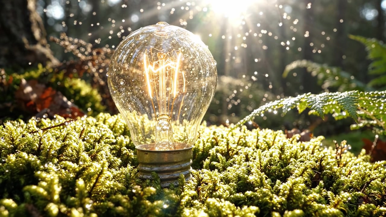 Illuminated Vintage Lightbulb Glowing Amidst Lush Green Moss in a Serene Forest Setting with Sunlight Creating a Magical Atmosphere of Nature's Beauty