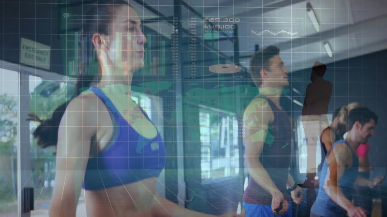 Fitness group swinging jump ropes from ankles, fading in digital overlays tracking jump counts