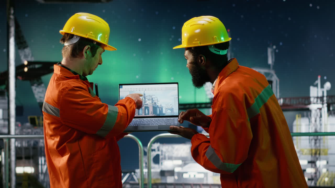 Diverse engineers on drilling platform monitor operational systems