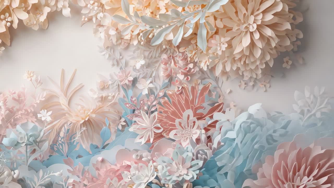 Panoramica della telecamera che rivela fiori di carta 3D su una parete della galleria, con petali a strati e ombre.