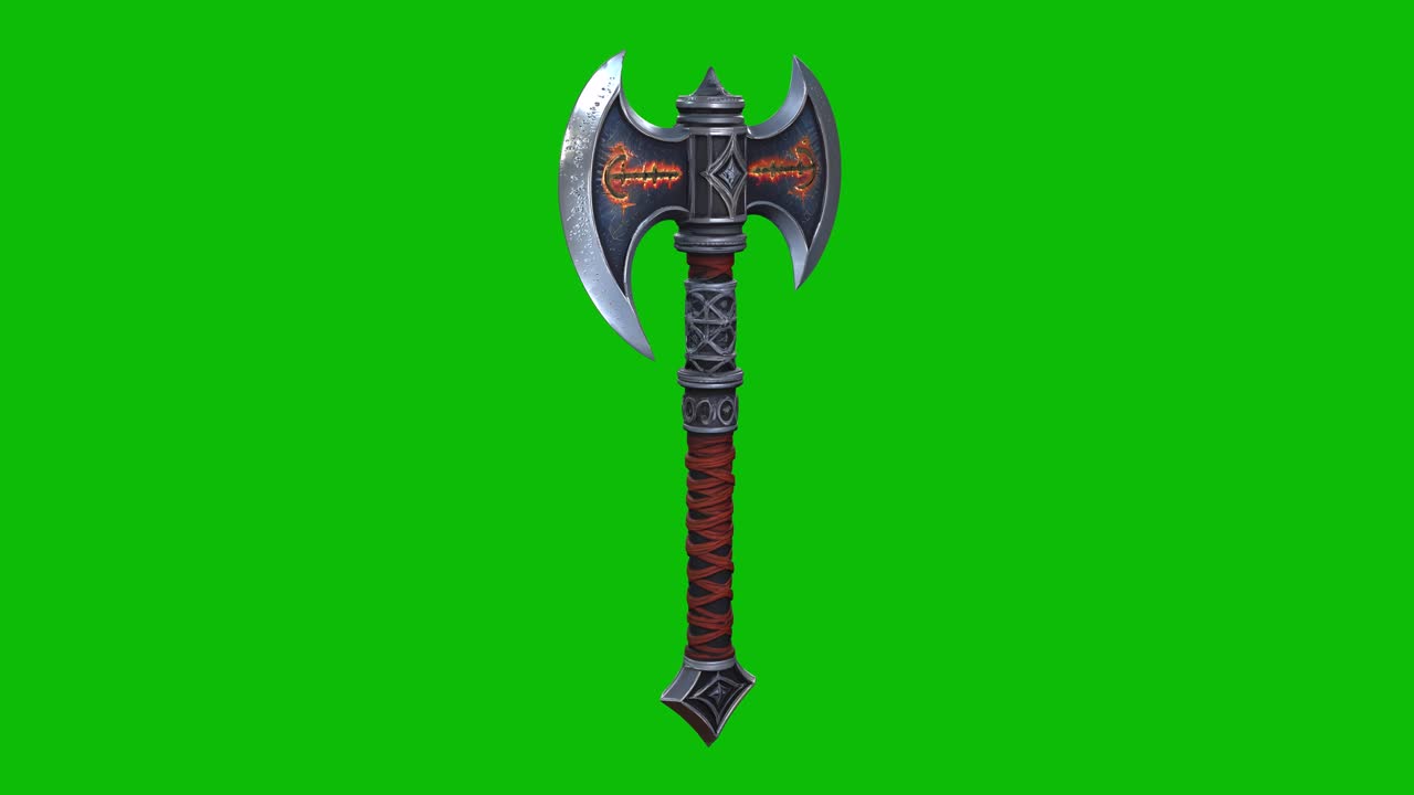 Design molto dettagliato di ascia da battaglia fantasy in rendering in 3D 04, con lame in metallo decorate, nucleo di pietra preziosa incandescente, isolato su green screen. Ideale per giochi fantasy, progetti di animazione epici e composizioni VFX