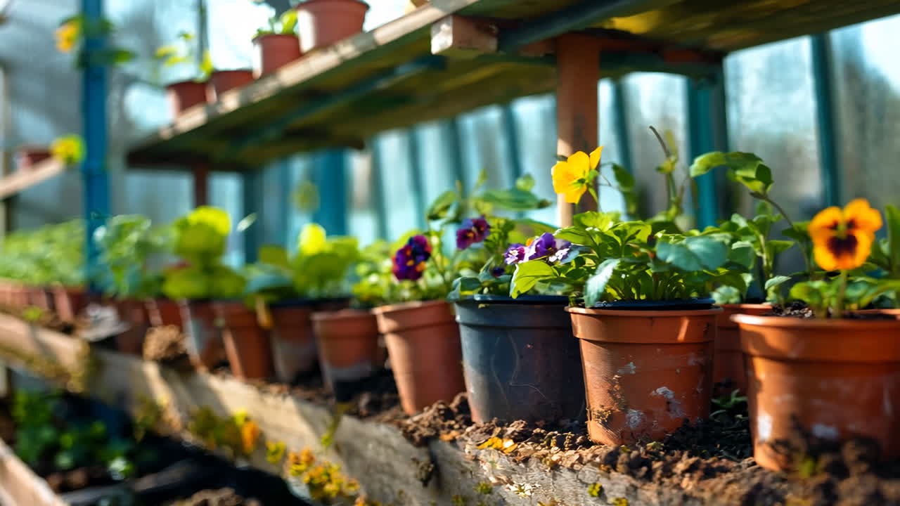 Colorful Pansies Growing in Pots at a Garden Greenhouse in Spring. Vibrant pansies bloom in pots along a wooden shelf inside a greenhouse during the spring season.