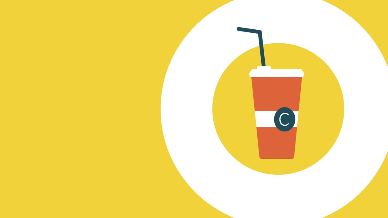 video en 4k de una taza de papel de dibujos animados en fondo amarillo.