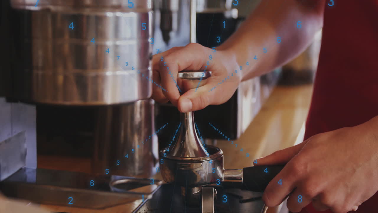 Barista hands compressing coffee grounds with metal tamper in 3D render, showing grid overlay
