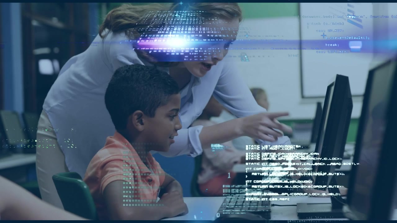 Animation of light trails and data processing over diverse schoolchildren and teacher in classroom