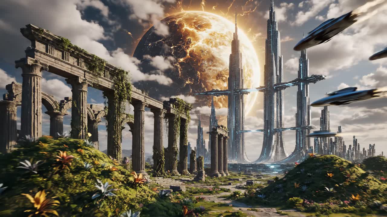 Futuristic Cityscape with Ancient Ruins and Exploding Planet