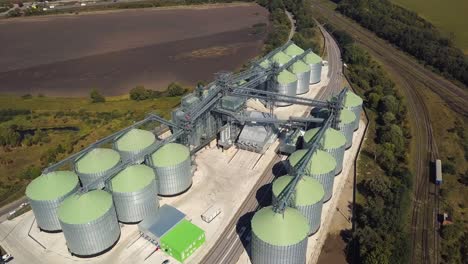 aerial view of agricultural land and grain silo