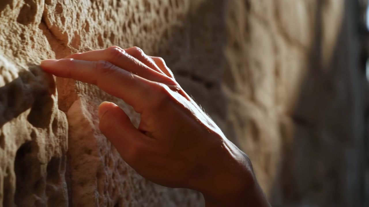 Close view follows fingers brushing uneven stone texture as hand moves steadily along sunlit wall, revealing pits and ridges while distant passage remains softly out of focus.