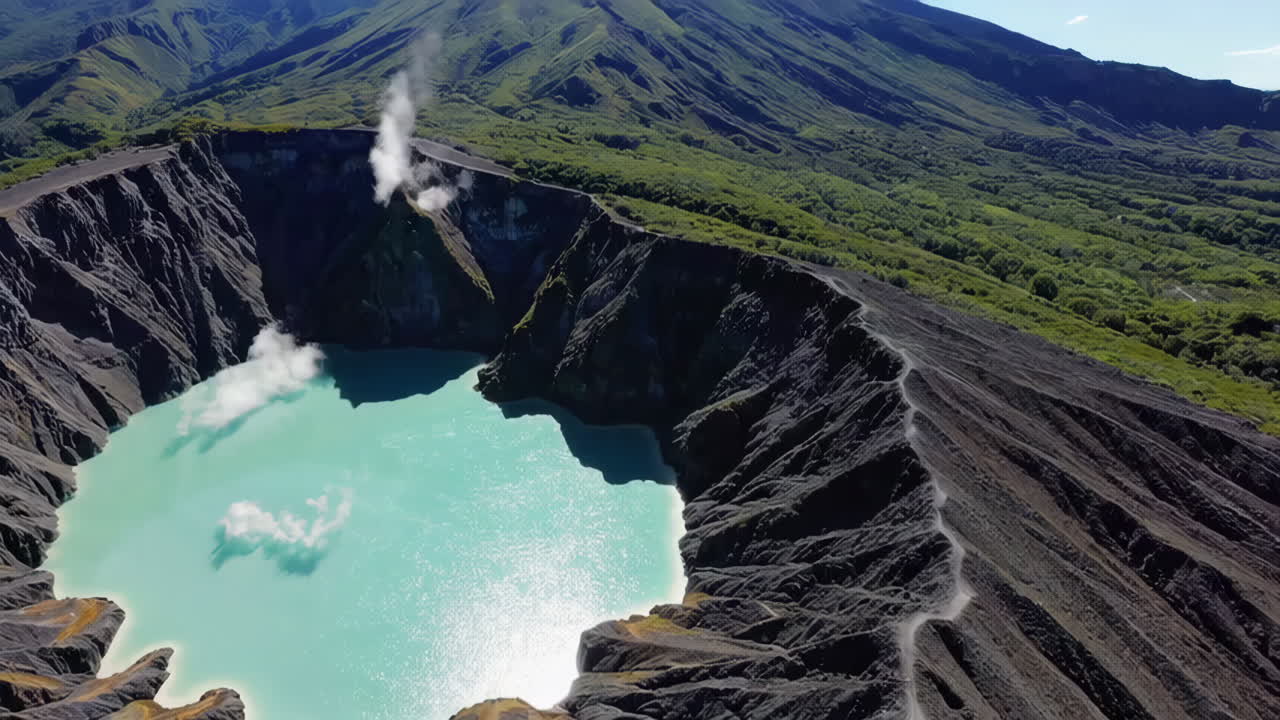 Aerial View of a Turquoise Volcanic Crater Lake